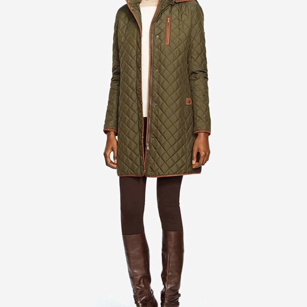 Ralph Lauren Hunter Green Quilted Spring Jacket with Leather Trim. Sz.L
